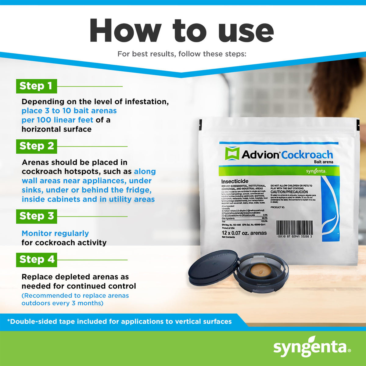 Advion Cockroach Bait Arena packaging showing usage instructions, ideal for effective pest control. Available at Curat Cart.