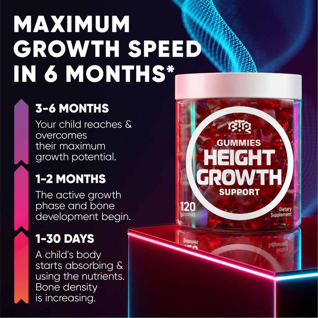 BIOTEQUELAB Height Growth Increase Gummies Vitamins, Grow Tall Supplement, Calcium, Magnesium, Zinc, Ashwagandha, Glucosamine Multivitamin for Teens, Kids, 120 Gummies