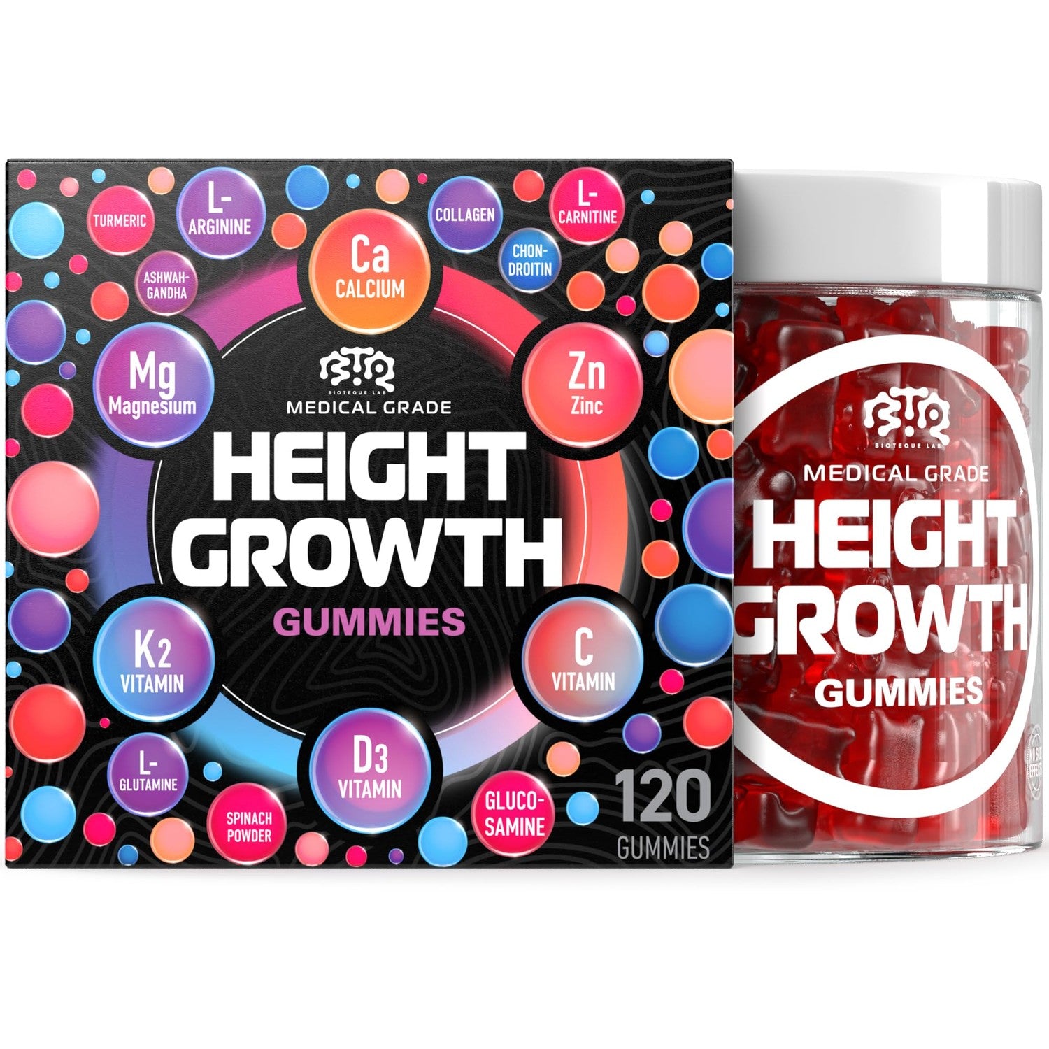 BIOTEQUELAB Height Growth Increase Gummies Vitamins, Grow Tall Supplement, Calcium, Magnesium, Zinc, Ashwagandha, Glucosamine Multivitamin for Teens, Kids, 120 Gummies