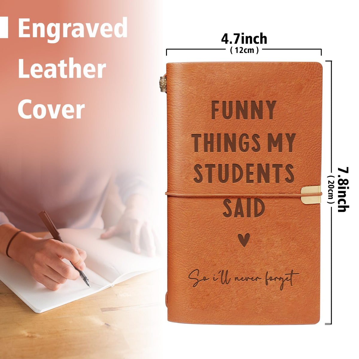 High-quality engraved leather cover notebook, 'Funny Things My Students Said', available at Curat Cart. Perfect for capturing memories.