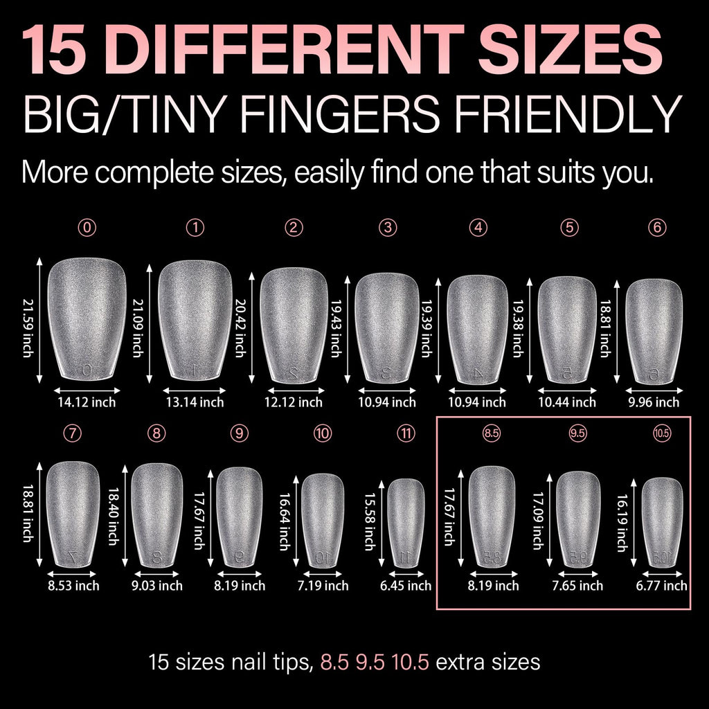 AILLSA 450PCS Short Almond Nail Tips in 15 sizes. Perfect for all fingers, easily order online for delivery.