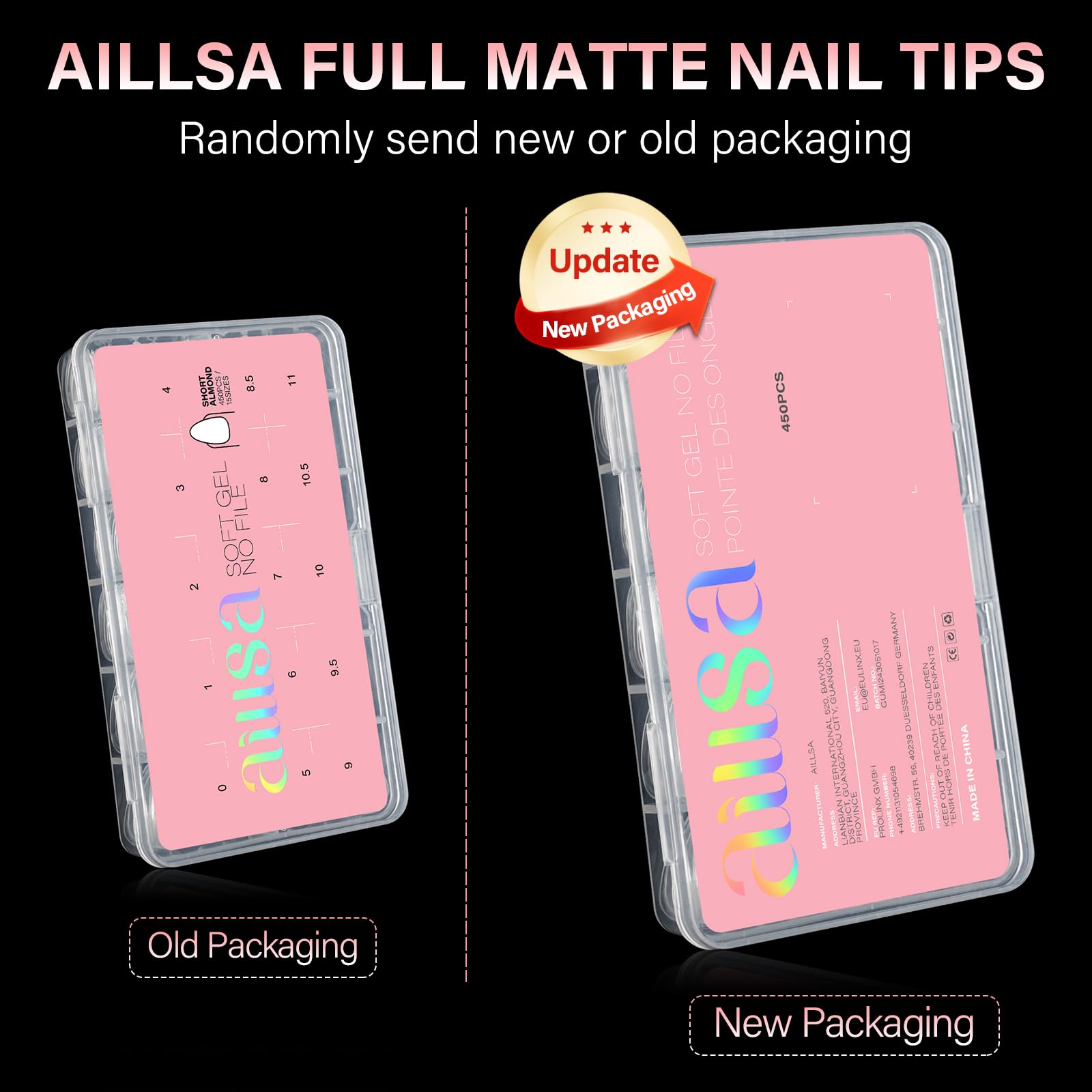 AILLSA Short Almond Nail Tips come in a secure case, featuring both old and new packaging. Verified by CuratCart.