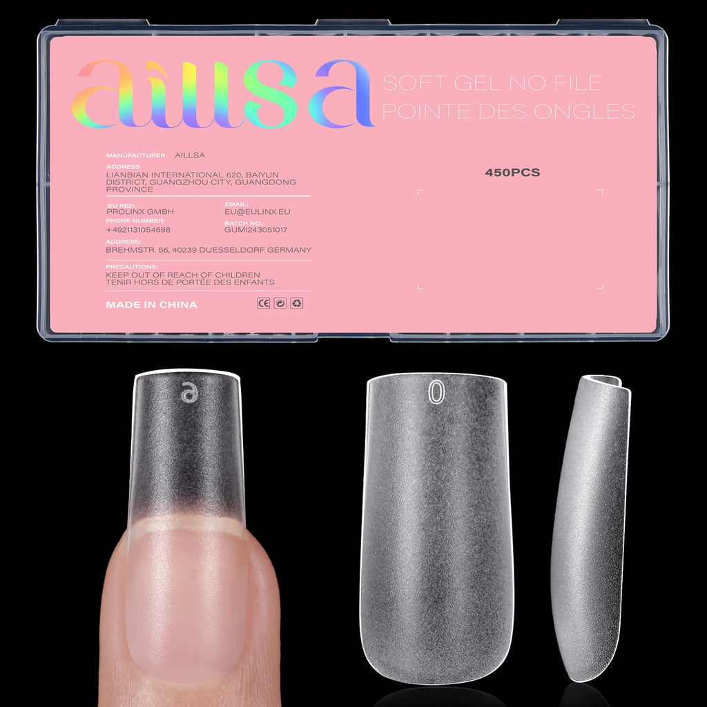 AILLSA Short Almond Nail Tips in clear packaging, 450 pieces included. Verified by CuratCart for quality assurance.