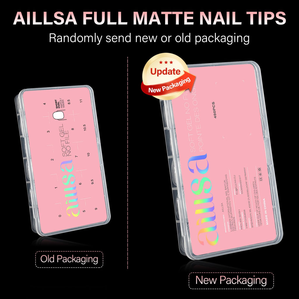 AILLSA Short Almond Nail Tips available in new or old packaging. 450PCS for professional nail designs. Verified by CuratCart.