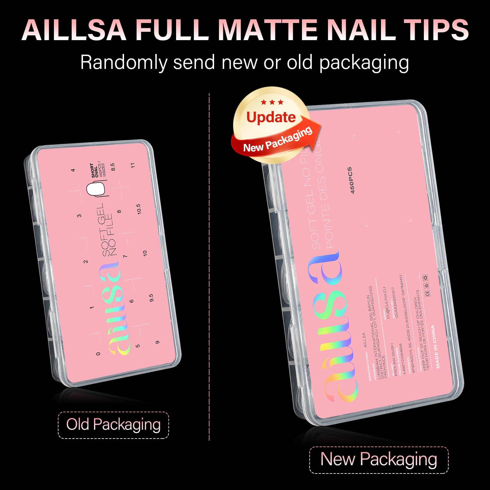 AILLSA Short Almond Nail Tips available in new or old packaging. 450PCS for professional nail designs. Verified by CuratCart.