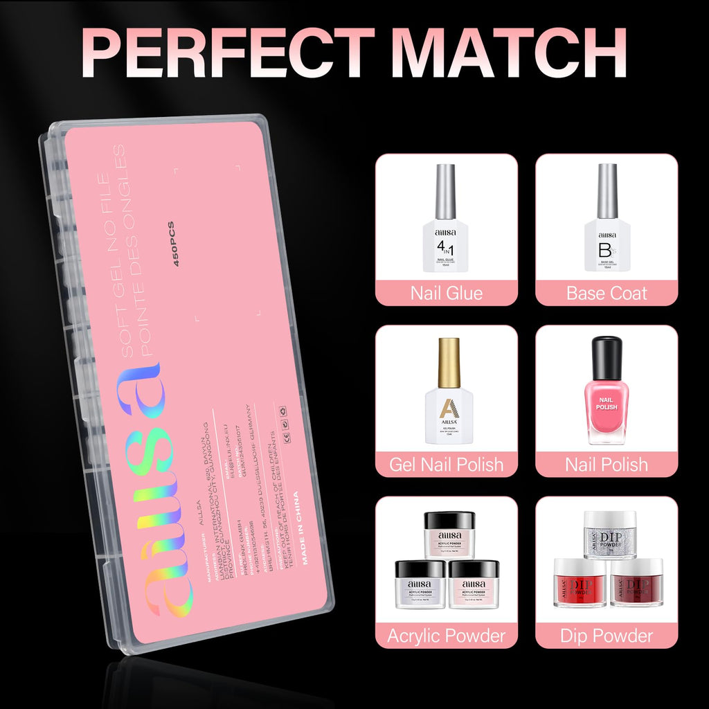 Premium imported AILLSA Short Almond Nail Tips, 450 PCS set includes gel polish, nail glue, and base coat for perfect nails.