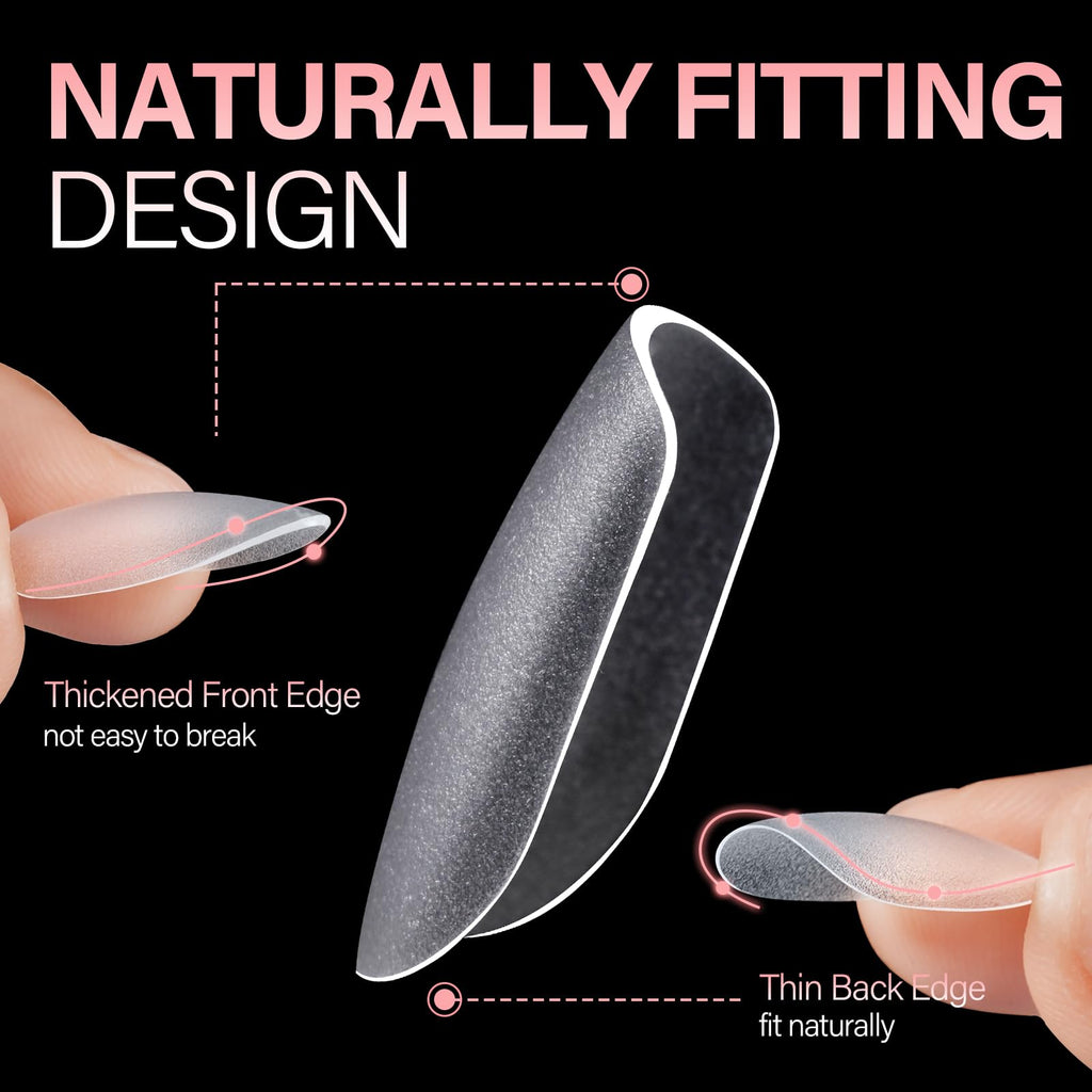 AILLSA short almond nail tips in a pack of 450. Naturally fitting design with thickened edge for durability. Verified by CuratCart.