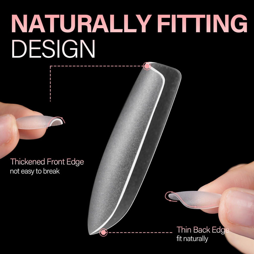 Premium imported AILLSA Short Almond Nail Tips, 450pcs, featuring a naturally fitting design for effortless application.