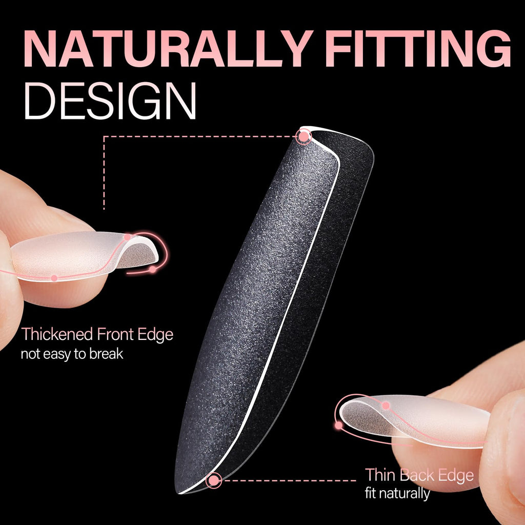 AILLSA Short Almond Nail Tips in 450PCS. Authentic design with thickened front edge for durability and thin back edge for a natural fit.