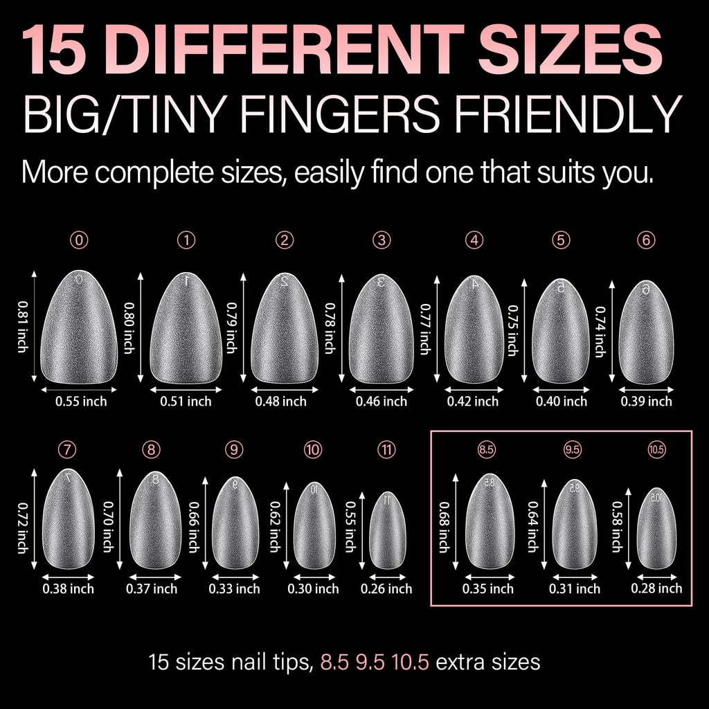 Premium imported AILLSA short almond nail tips in 15 sizes, perfect for tiny fingers. 450 PCS for customizable nail designs.