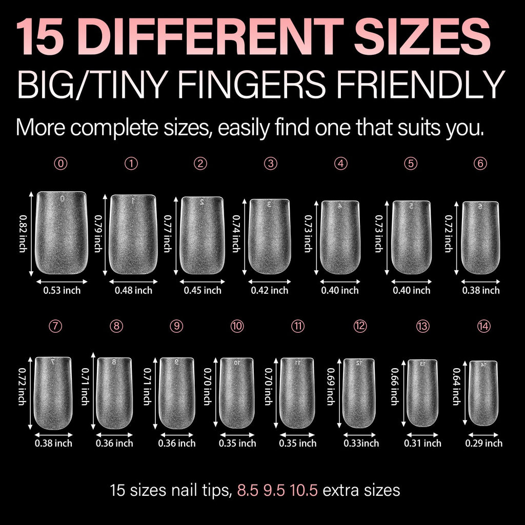 AILLSA Short Almond Nail Tips pack includes 450 tips in 15 sizes for a perfect fit, ideal for any nails. Original packaging.