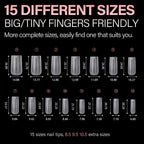 AILLSA 450PCS short almond nail tips in 15 sizes for all finger types, ensuring a perfect fit. Verified by CuratCart.