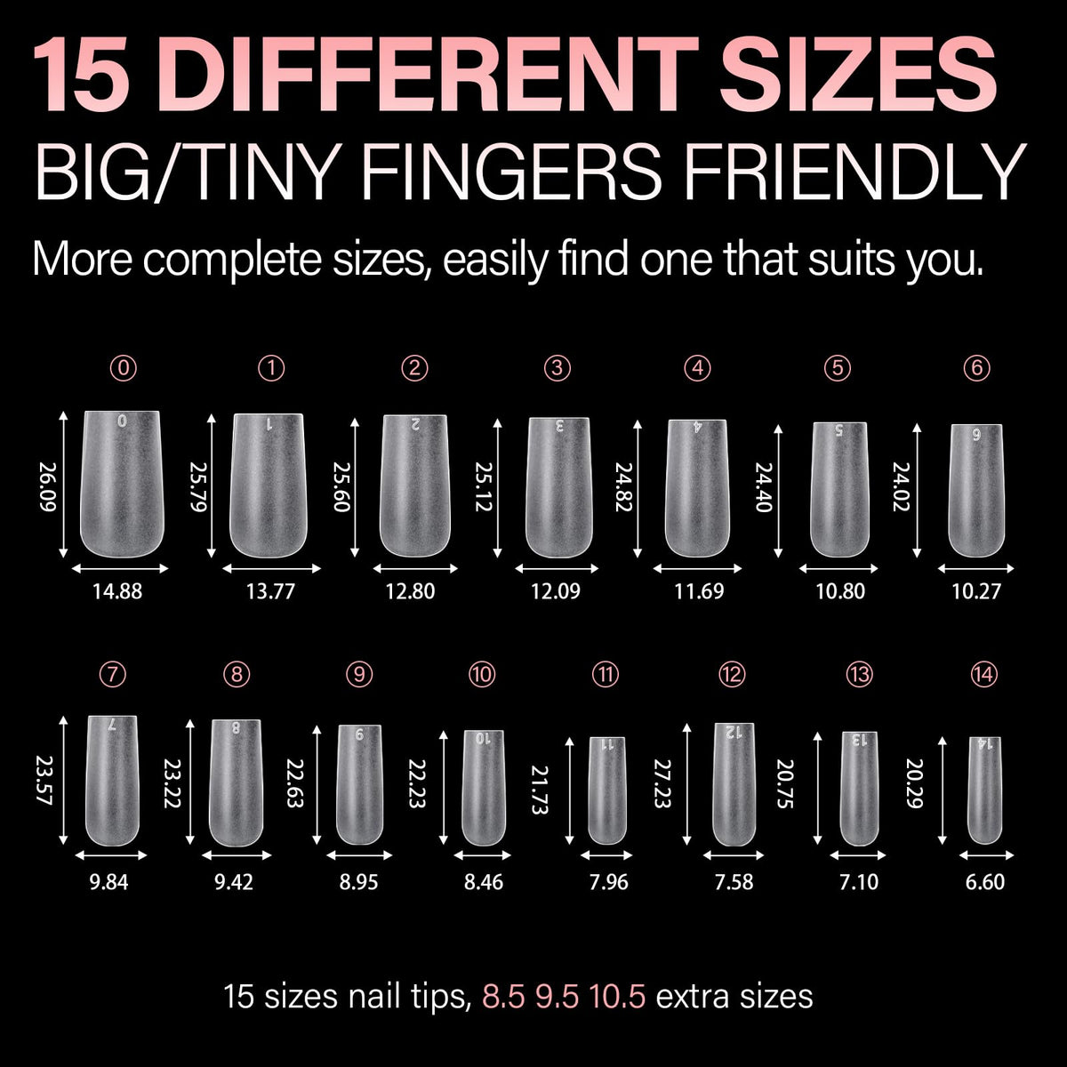 AILLSA 450PCS short almond nail tips in 15 sizes for all finger types, ensuring a perfect fit. Verified by CuratCart.
