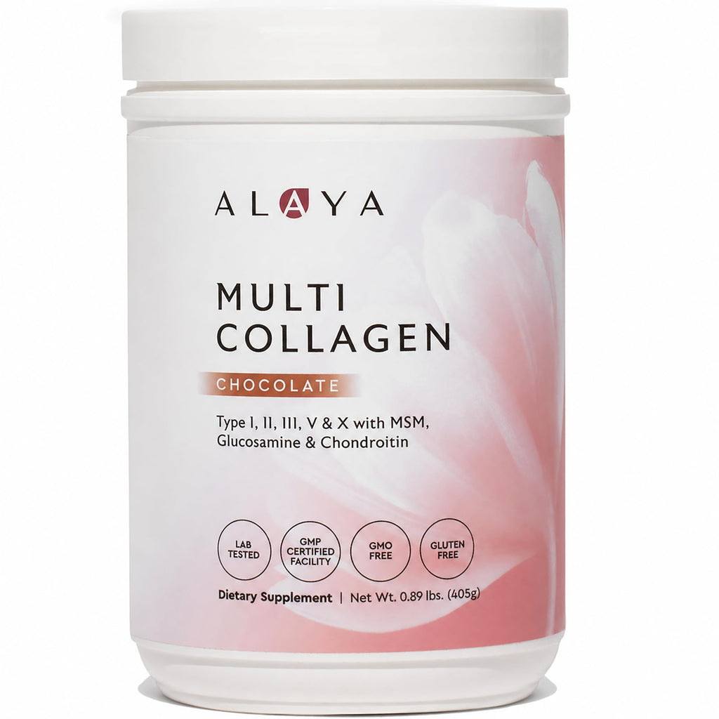 Alaya Multi Collagen Powder Chocolate, a premium import, offers Type I, II, III, V & X collagen for wellness. Available at Curat Cart.