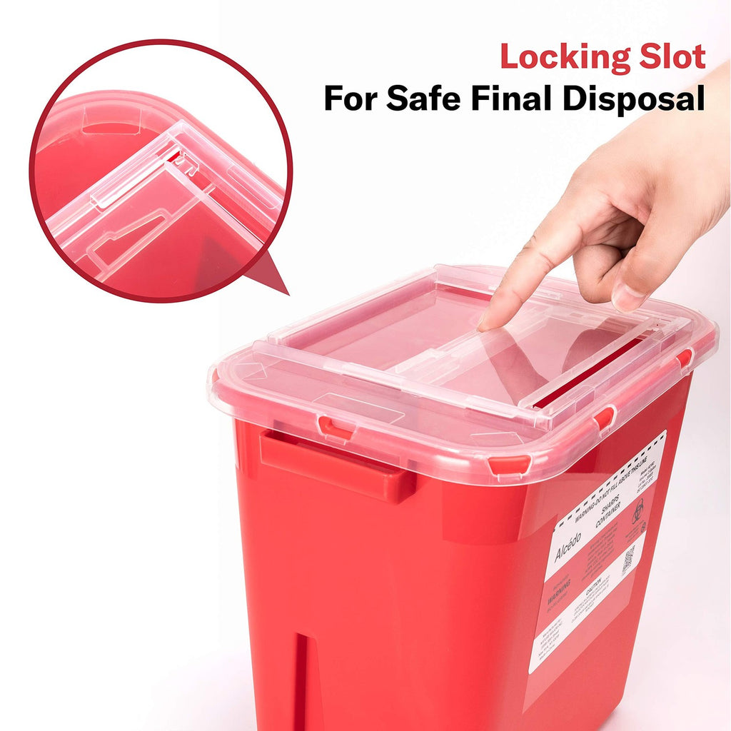 Discover the Alcedo Sharps Container with a secure locking slot, exclusively curated by Curat Cart for safe disposal.