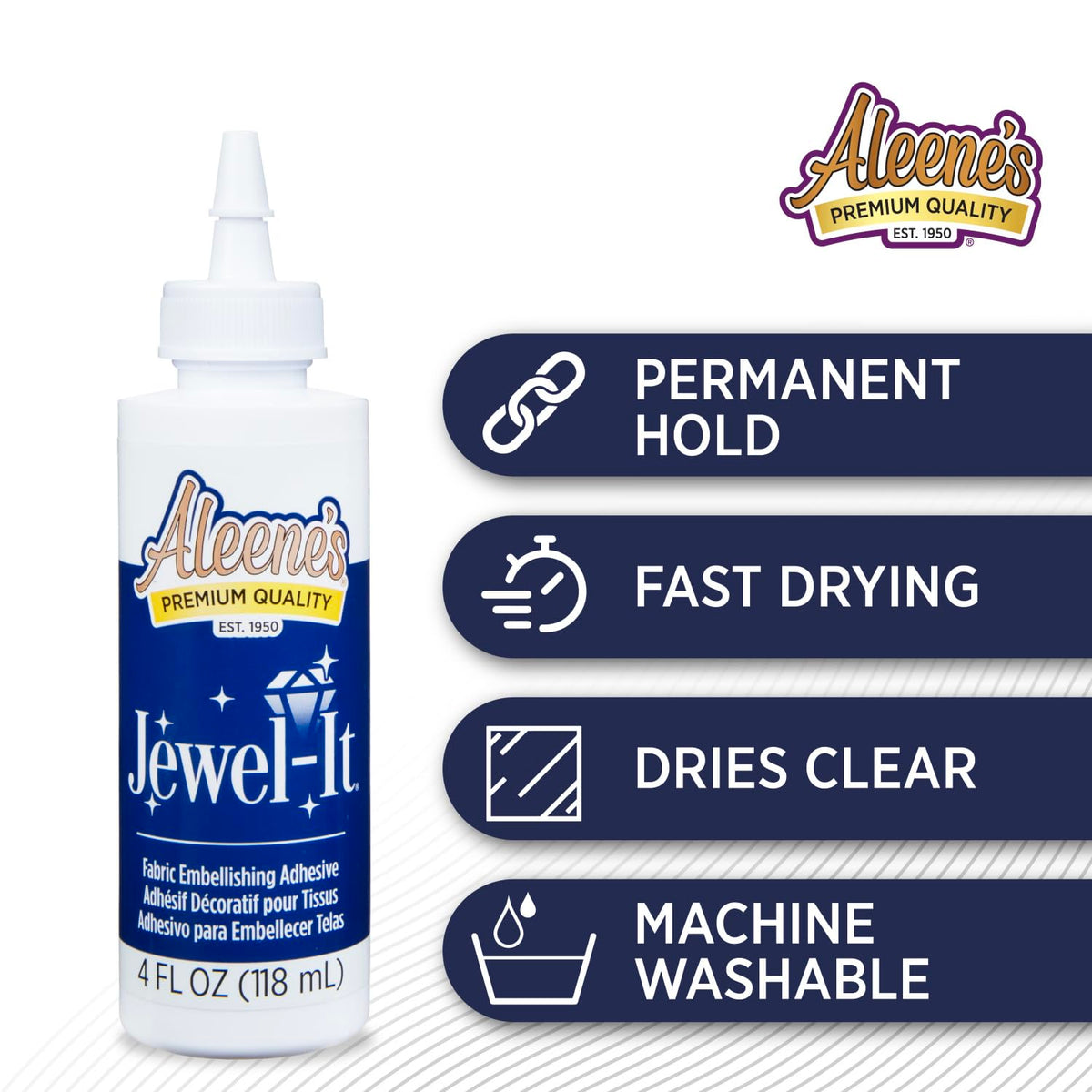 Aleene's Jewel-It embellishing glue in official packaging, offers permanent hold, fast drying, and machine washable quality. Available at Curat Cart.