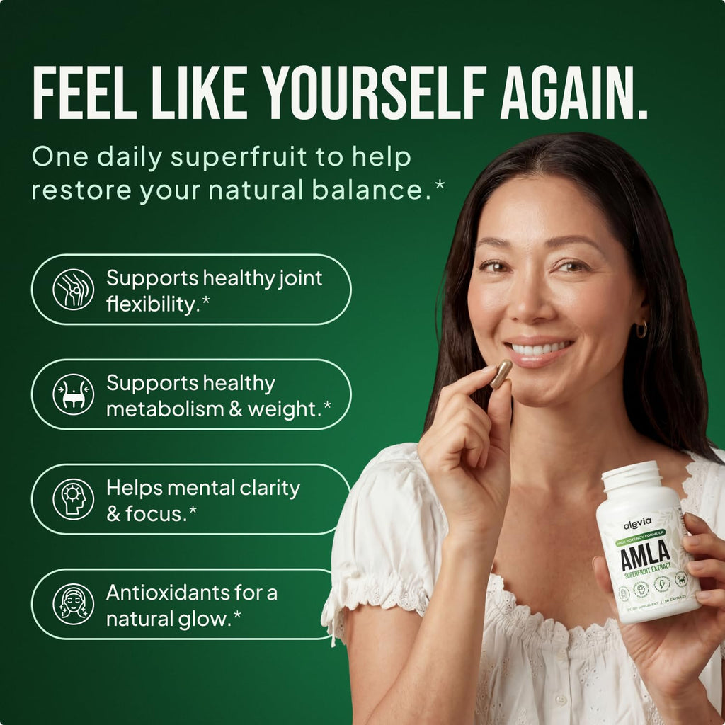 Alevia Organic Amla Capsules in official packaging support joint flexibility, metabolism, and mental clarity. Available at Curat Cart.