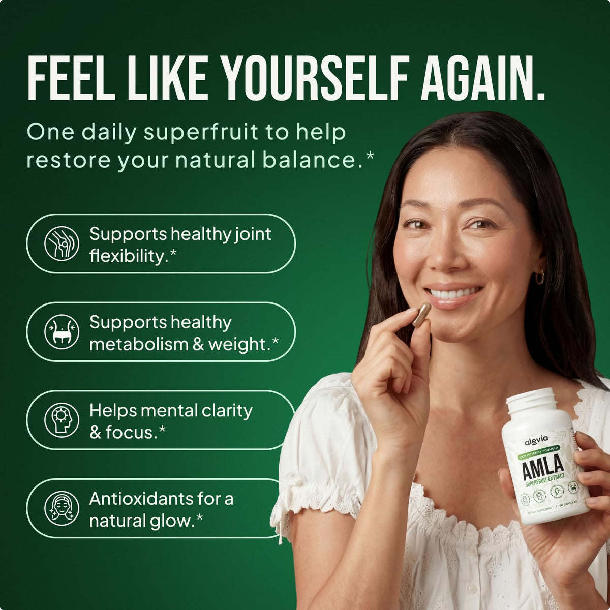 Alevia Organic Amla Capsules in official packaging support joint flexibility, metabolism, and mental clarity. Available at Curat Cart.