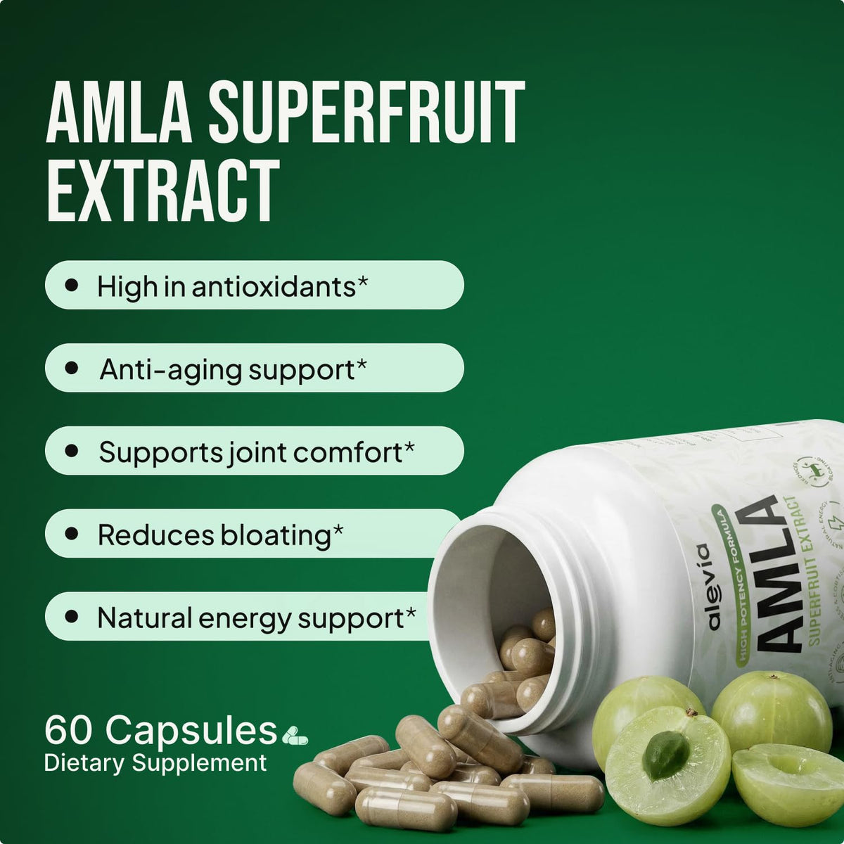 Alevia Organic Amla Capsules, 100% Authentic, support antioxidants, available at Curat Cart in India.