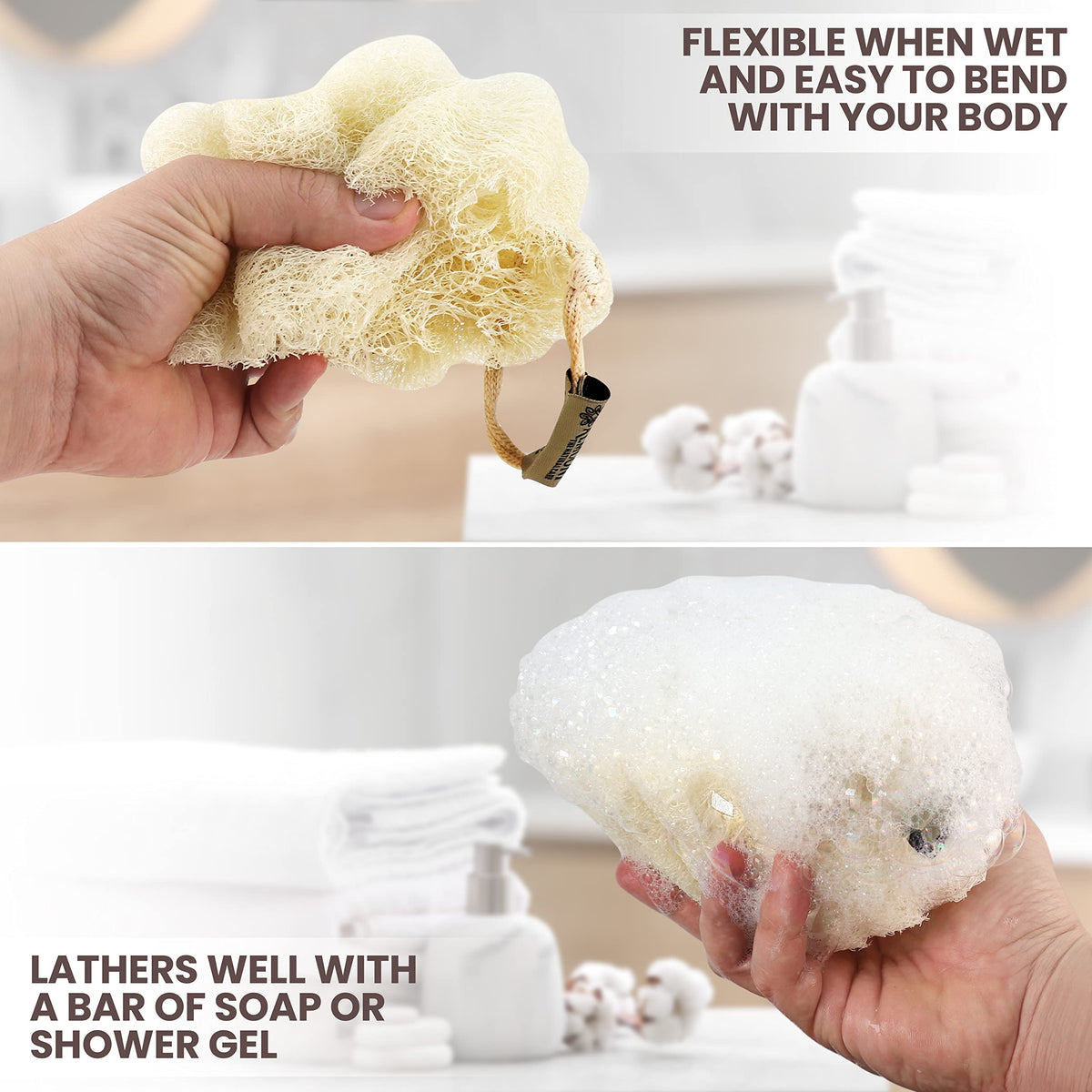 ALMOONI Mini Natural Loofah Sponge from Egypt. Flexible, lathers well with soap, perfect for a refreshing shower experience.