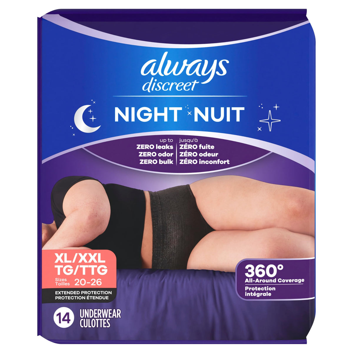Always Discreet Night Adult Diapers in official packaging offer 360° all-around coverage for ultimate comfort. Available at Curat Cart.
