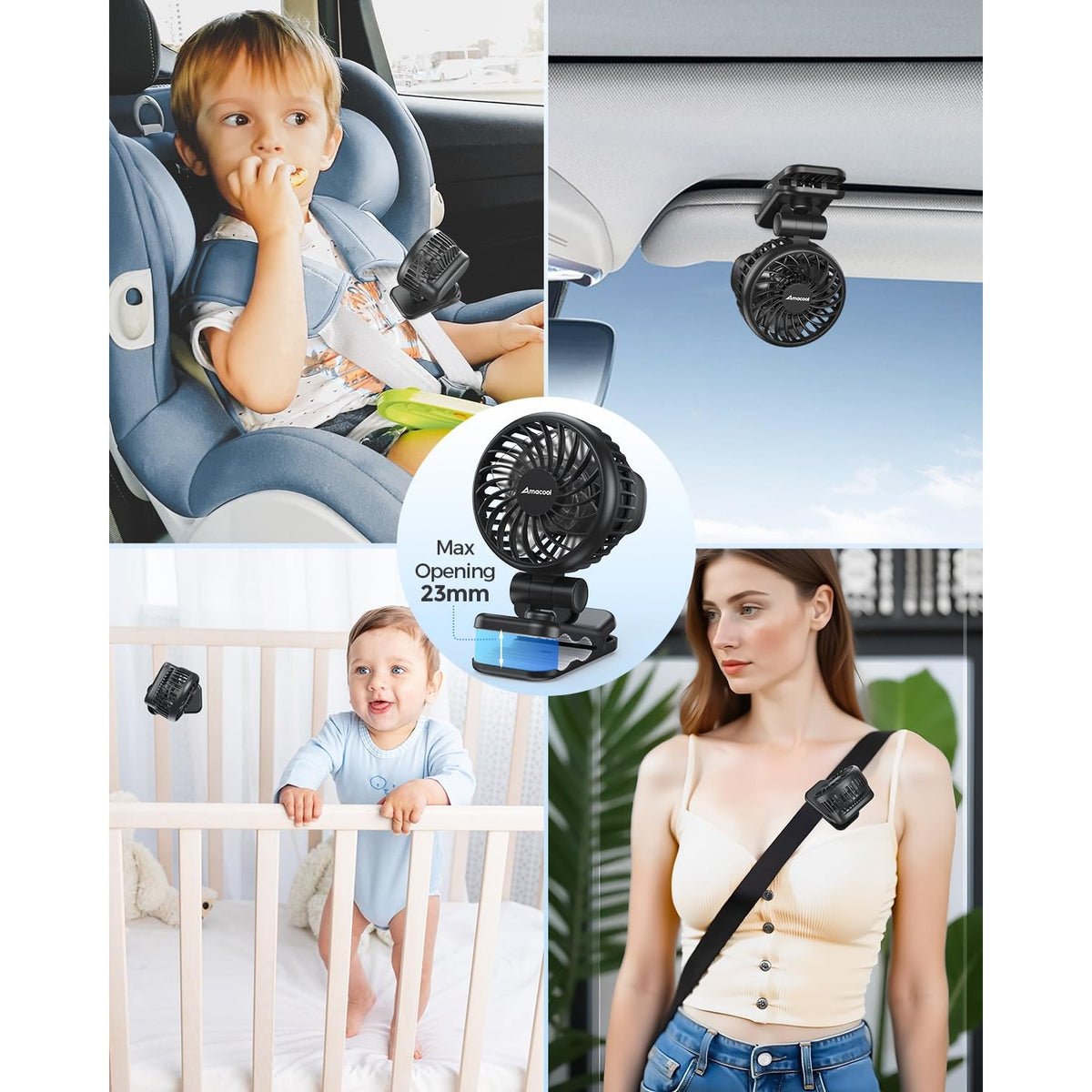 AMACOOL Mini Baby Fan, perfect for keeping your little one cool on the go. Ideal for cars, strollers, and cribs. Available at Curat Cart.
