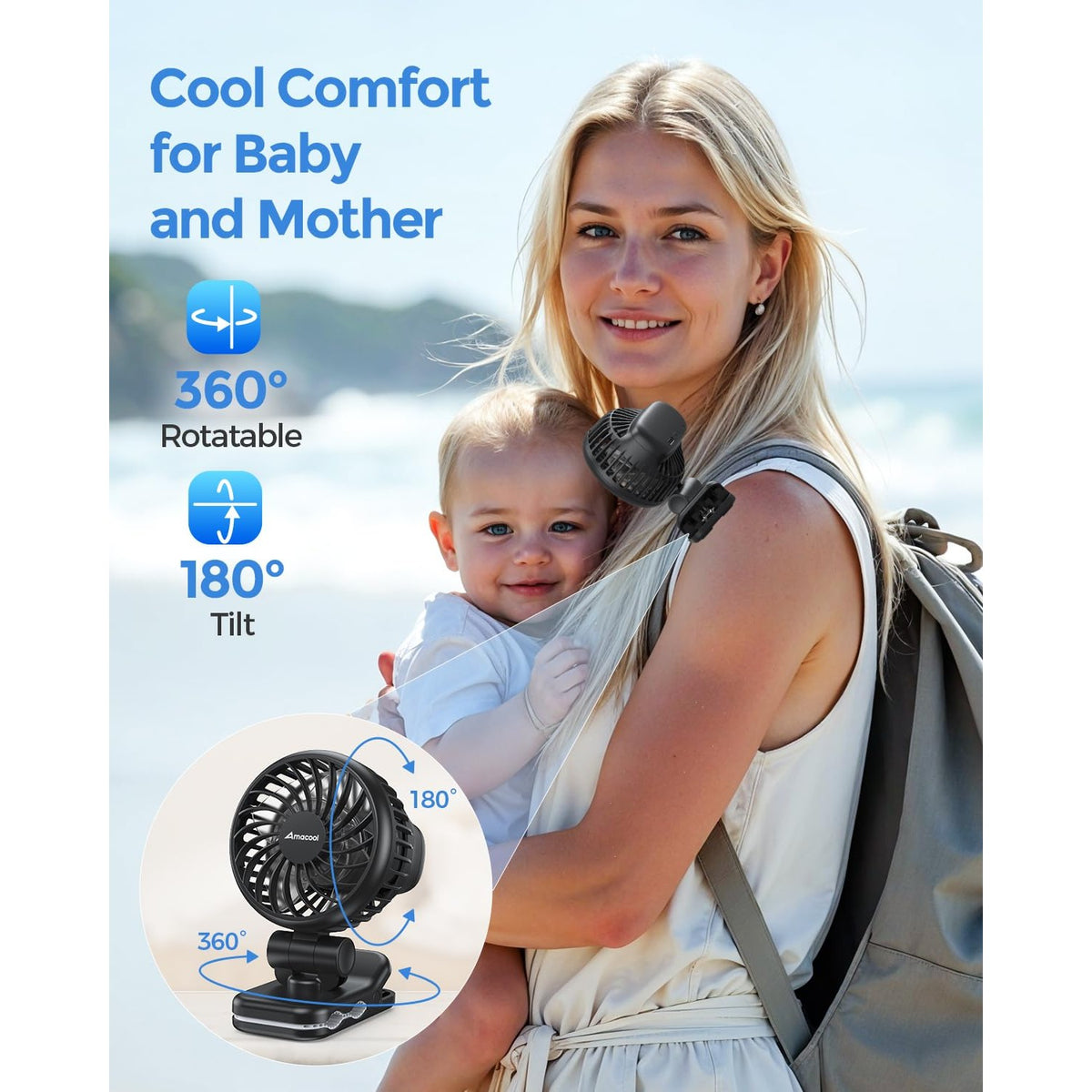 Stay cool with the AMACOOL Mini Baby Fan, specially curated by Curat Cart for ultimate comfort for both baby and mother.