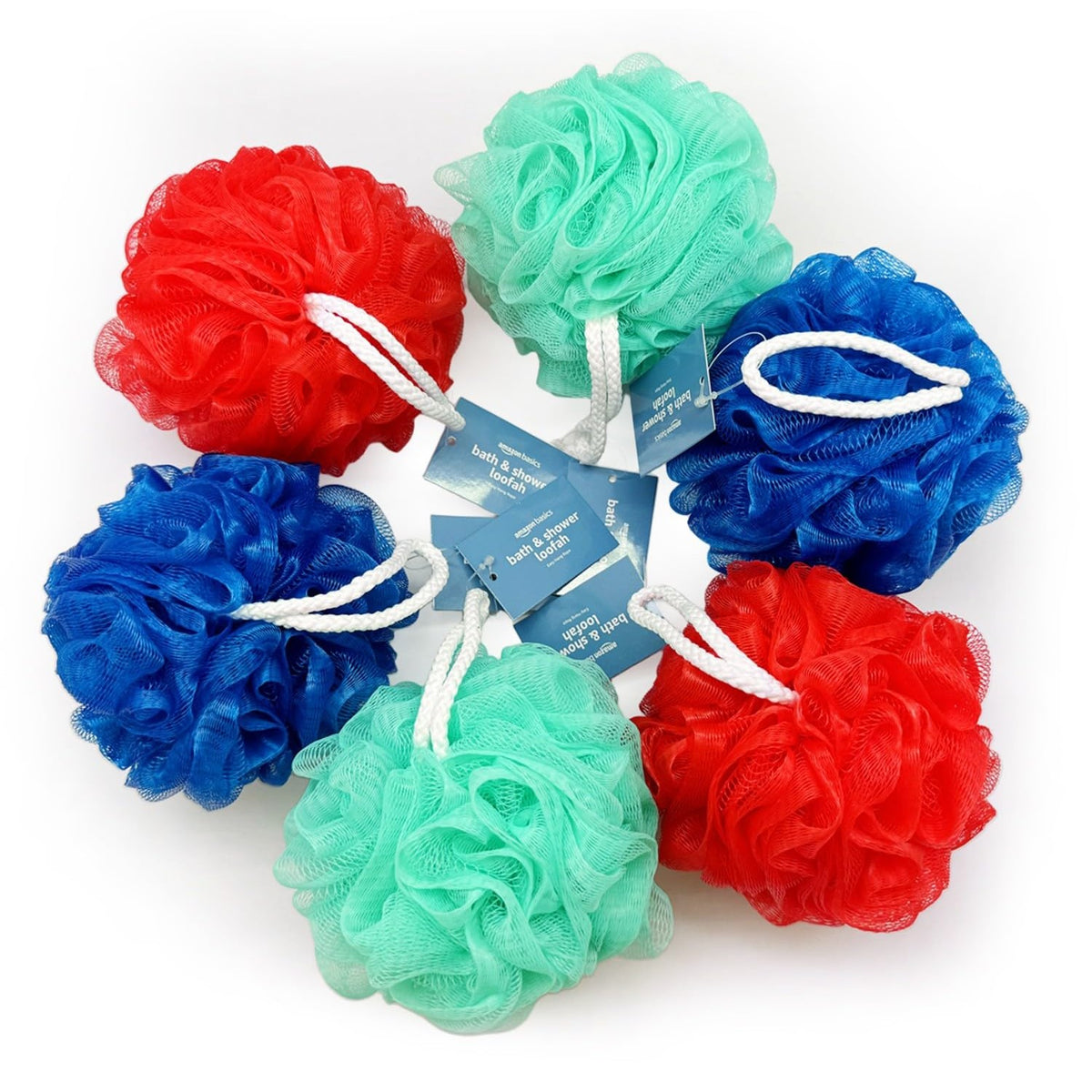 Vibrant Amazon Basics Exfoliating Loofah set in official packaging, perfect for luxurious bathing. Available at Curat Cart.