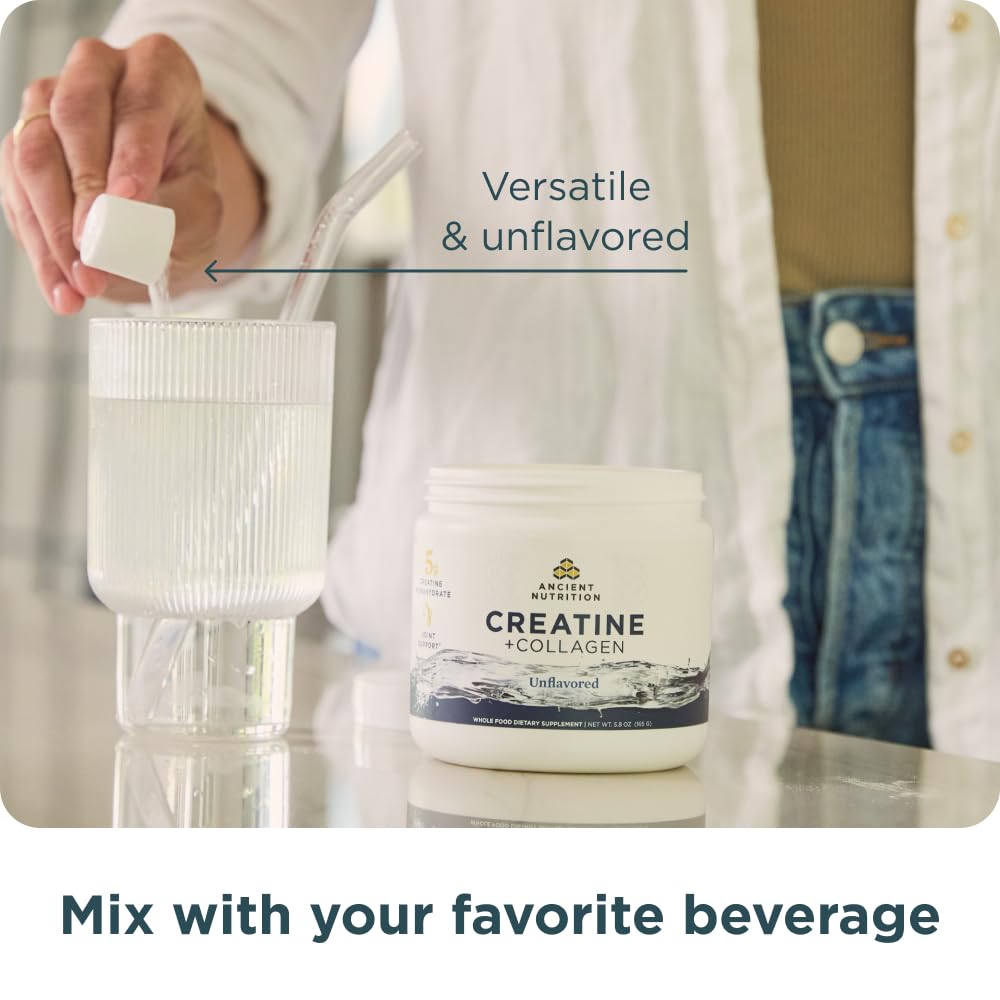 Versatile Ancient Nutrition Creatine Monohydrate Collagen, a premium import, effortlessly mixes with any beverage. Available at Curat Cart.