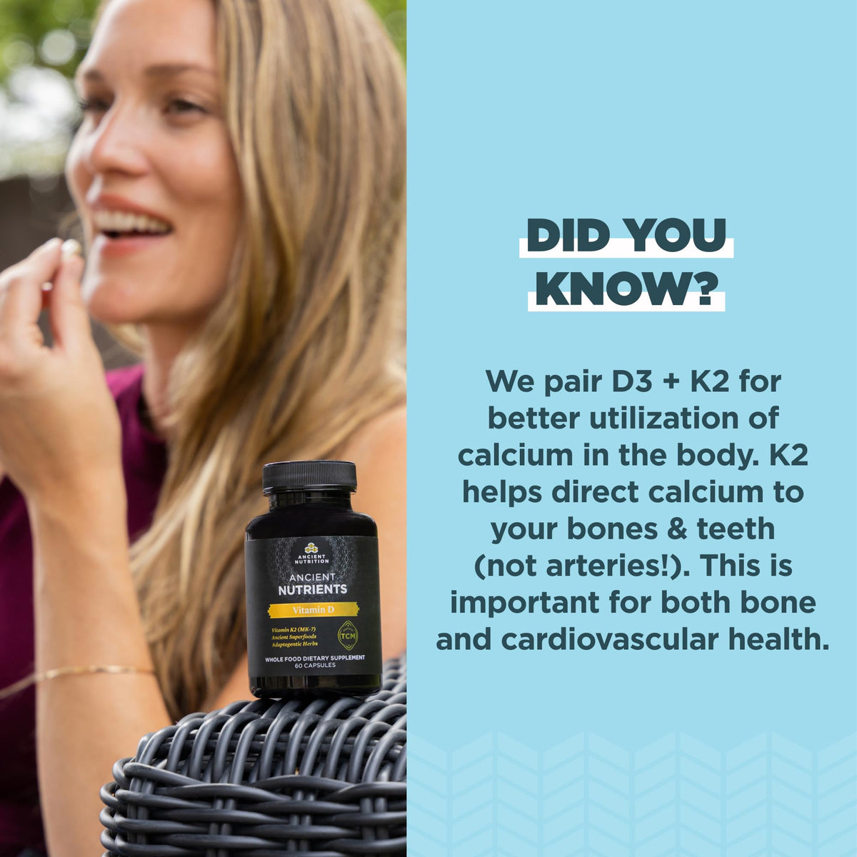 Ancient Nutrition Vitamin D3 K2 in high-quality packaging, promoting calcium utilization for bone and cardiovascular health. Available at Curat Cart.