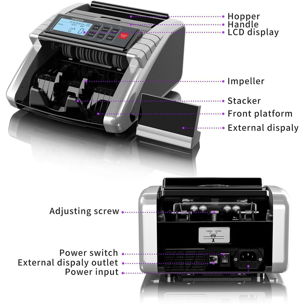 Aneken Money Counter Machine with LCD display, hopper, and adjustable features. 100% Authentic, available in India at Curat Cart.