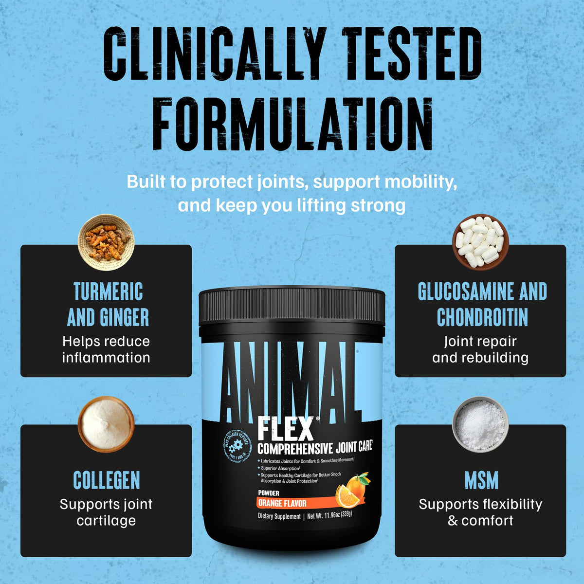 Animal Flex Powder in orange flavor promotes joint support with glucosamine, chondroitin, and turmeric for optimal mobility.
