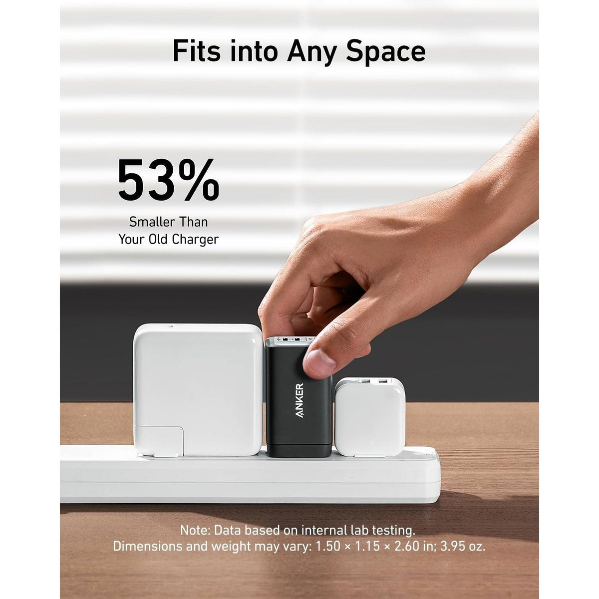 Anker Nano II 65W Charger fits seamlessly into any space, 53% smaller than traditional chargers. Verified by CuratCart.