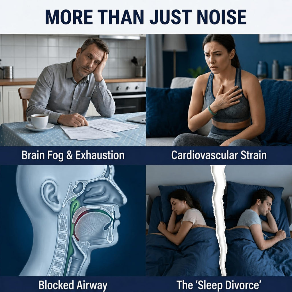 Explore the impacts of snoring on health with Curat Cart's Anti Snoring Spray Solution, featuring high-quality visuals and informative design.