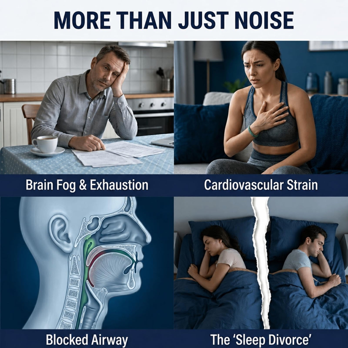 Explore the impacts of snoring on health with Curat Cart's Anti Snoring Spray Solution, featuring high-quality visuals and informative design.