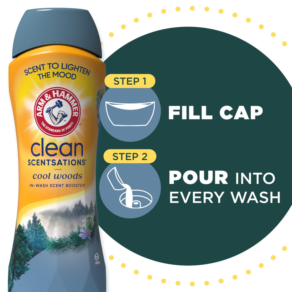 Discover the premium imported ARM & HAMMER Laundry Scent Booster, Cool Woods variant, available at Curat Cart for a refreshing wash.