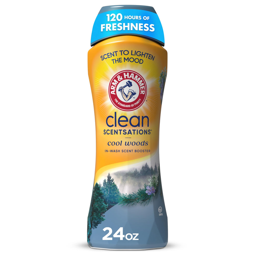 Discover the ARM & HAMMER Laundry Scent Booster, a premium import from Curat Cart, offering 120 hours of freshness with Cool Woods scent.