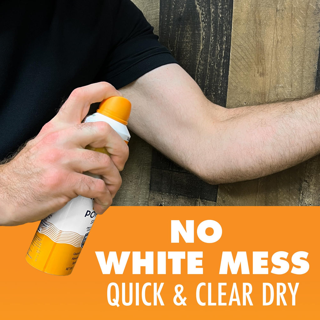 Authentic Arm & Hammer Invisible Body Powder Spray applied to the skin, showcasing a mess-free, quick-drying formula.