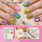Creative nail art using Artdone Nail Art Pens Set on manicured nails, showcasing vibrant colors and detailed designs. Perfect for DIY projects from Curat Cart.
