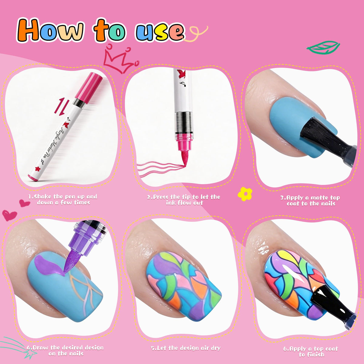 Explore the Artdone Nail Art Pens Set in official packaging, showcasing a vibrant how-to use guide for creative nail designs. Available at Curat Cart.