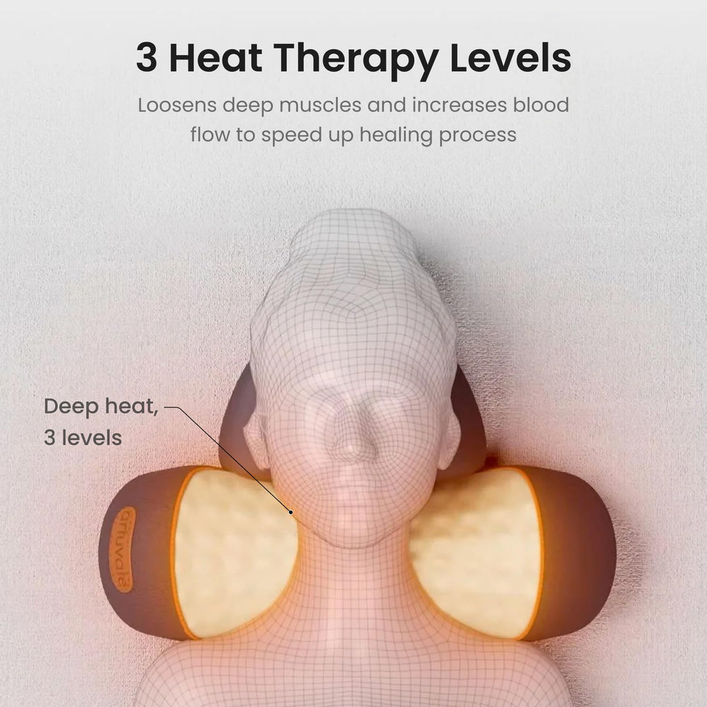 Experience soothing relief with the Artuvate Neck Therapy Massager Pillow featuring 3 heat therapy levels. Perfect for daily use. Available at Curat Cart.