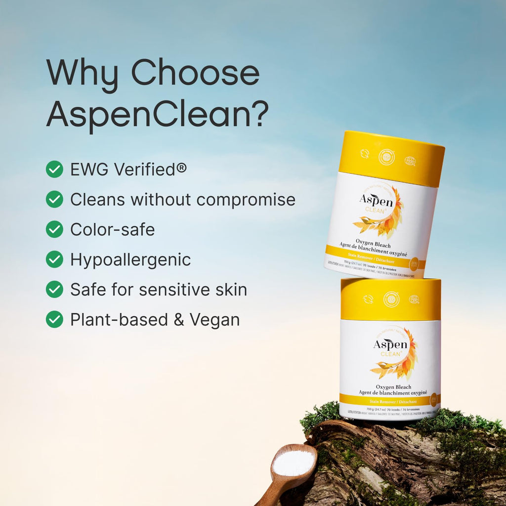 AspenClean Oxygen Bleach Powder in high-quality packaging, EWG Verified® and safe for sensitive skin, available at Curat Cart.