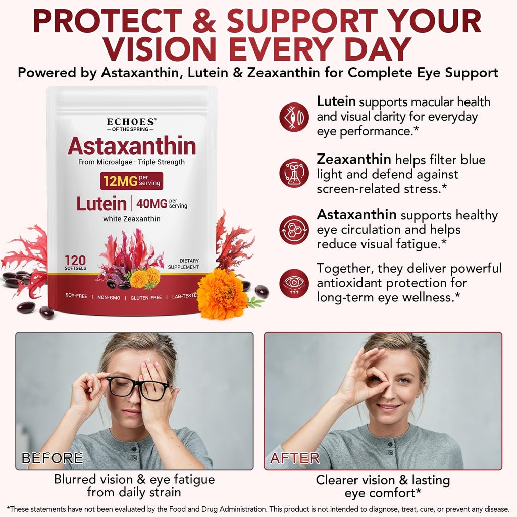 Astaxanthin, Lutein, and Zeaxanthin supplements for daily vision support. Perfect for eye health, available at Curat Cart.