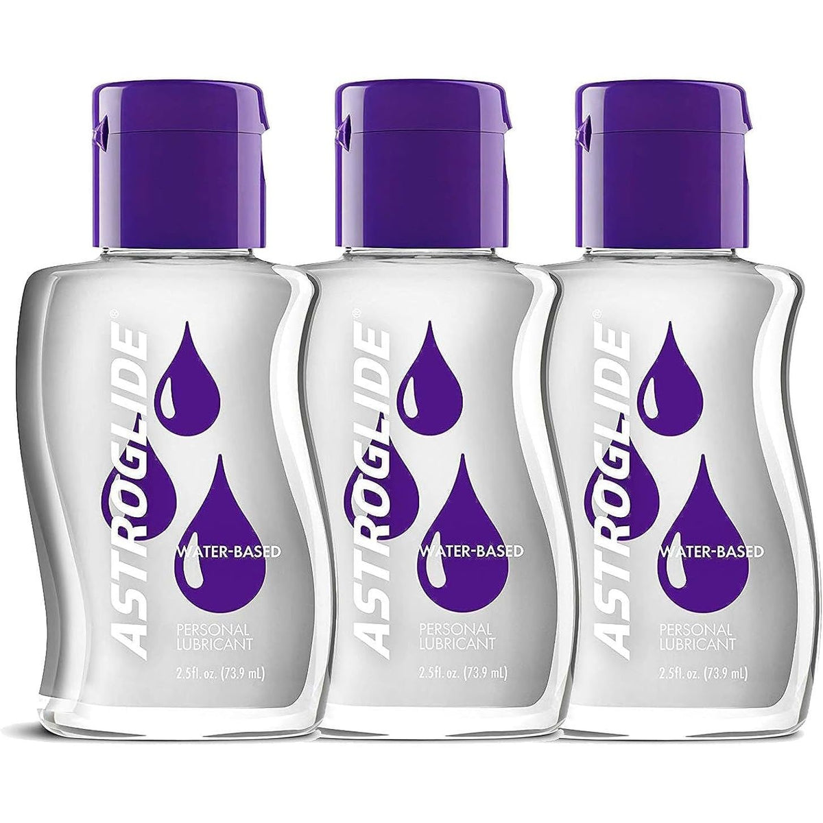 Astroglide water-based personal lubricant in original packaging, featuring three 2.5 fl oz bottles with purple lids.