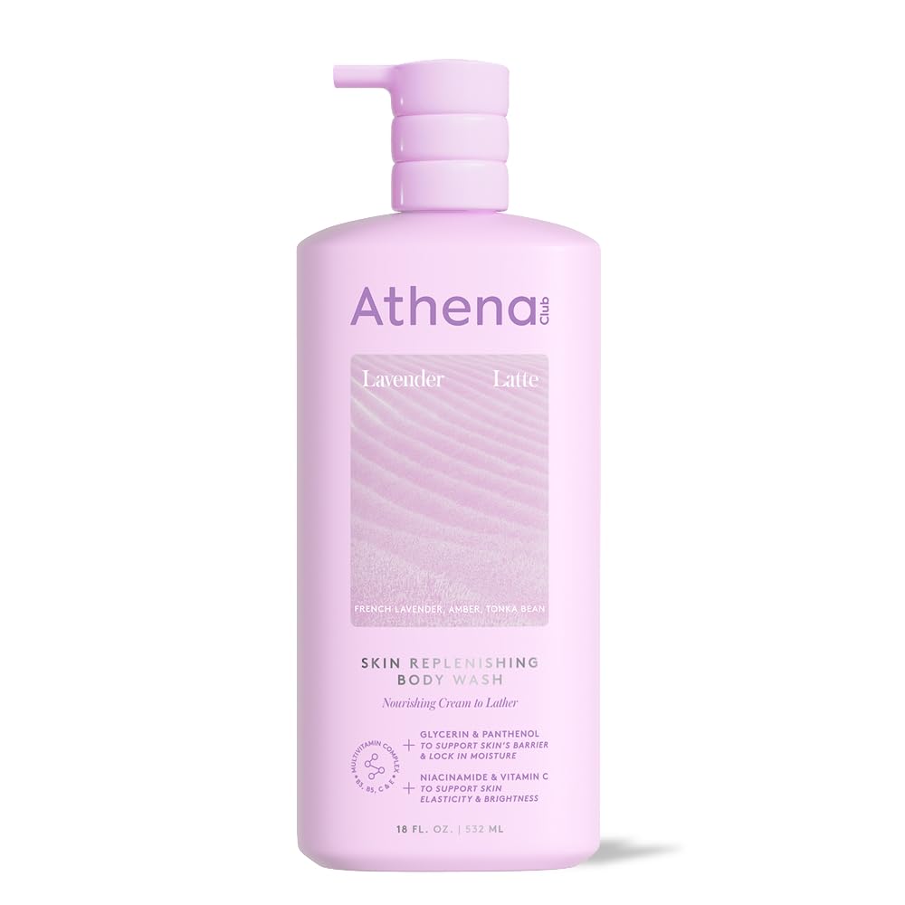 Athena Club authentic lavender body wash in an 18 oz bottle, enriched with glycerin and vitamin E for nourishing skin.