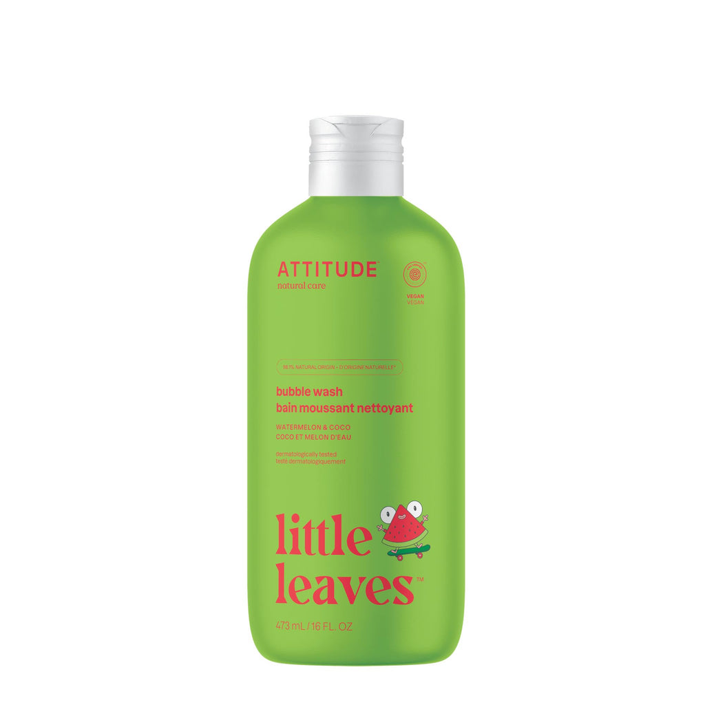 Attitude Bubble Wash for Kids in a bright green bottle, featuring playful design, 473ml, EWG verified for safety.