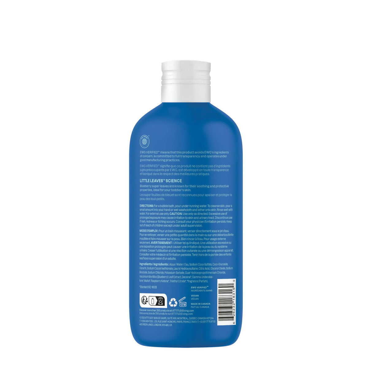 Bright blue bottle of Attitude Bubble Wash for Kids, EWG verified, highlighting safe, gentle ingredients for children's bath time.