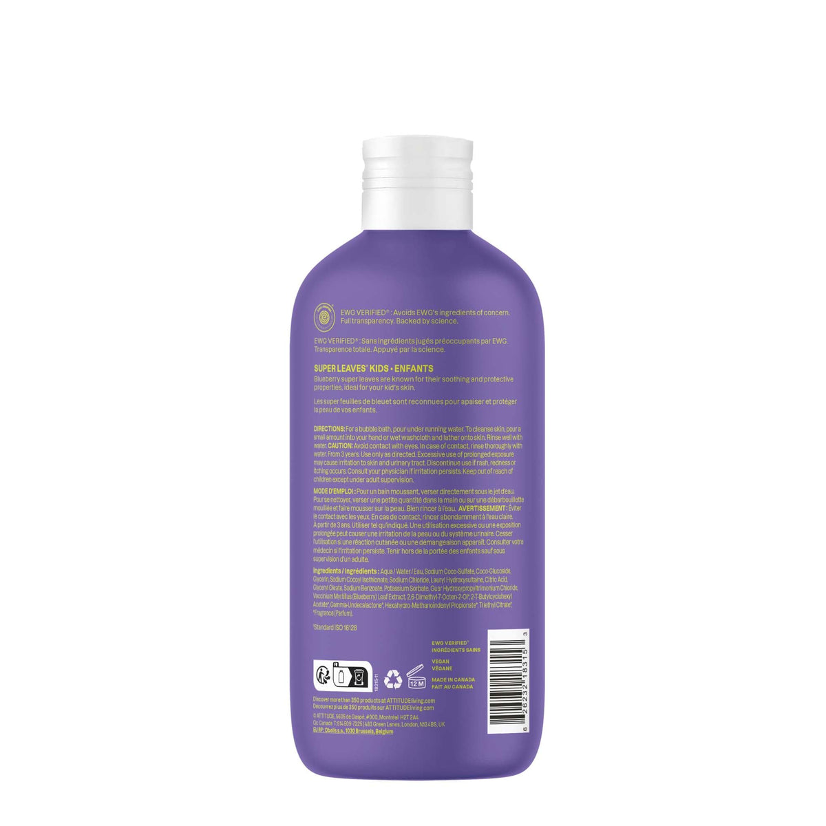 Attitude Bubble Wash for Kids in a vibrant purple bottle, EWG Verified for safety, featuring eco-friendly ingredients.