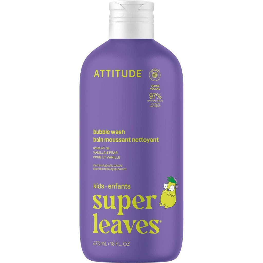Attitude Bubble Wash for Kids in a vibrant purple bottle. Vegan, EWG verified, with vanilla and pear notes. Gentle and fun!