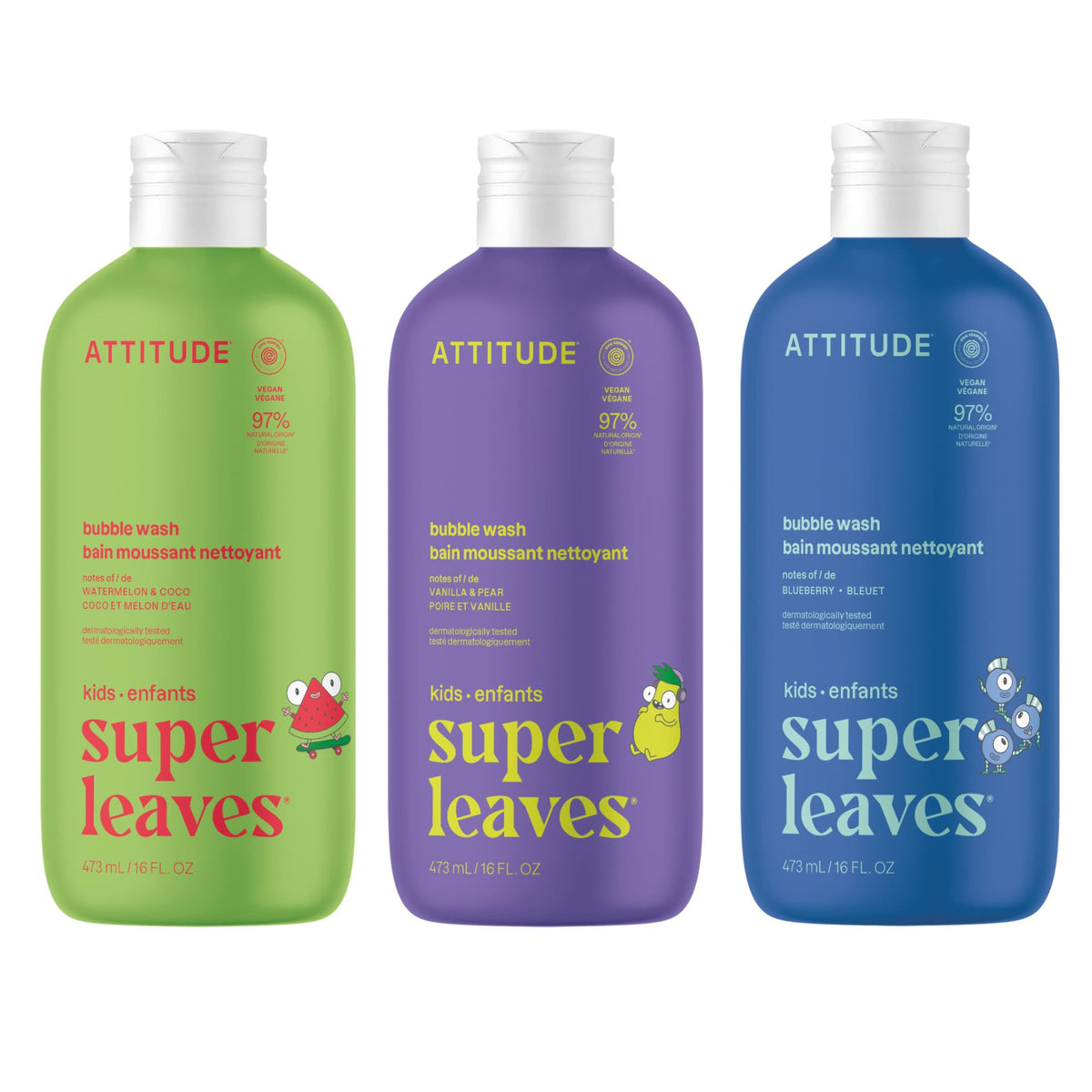 Attitude Bubble Wash for Kids, featuring vibrant Super Leaves bottles. Gentle, EWG verified formula for safe, fun bath time.